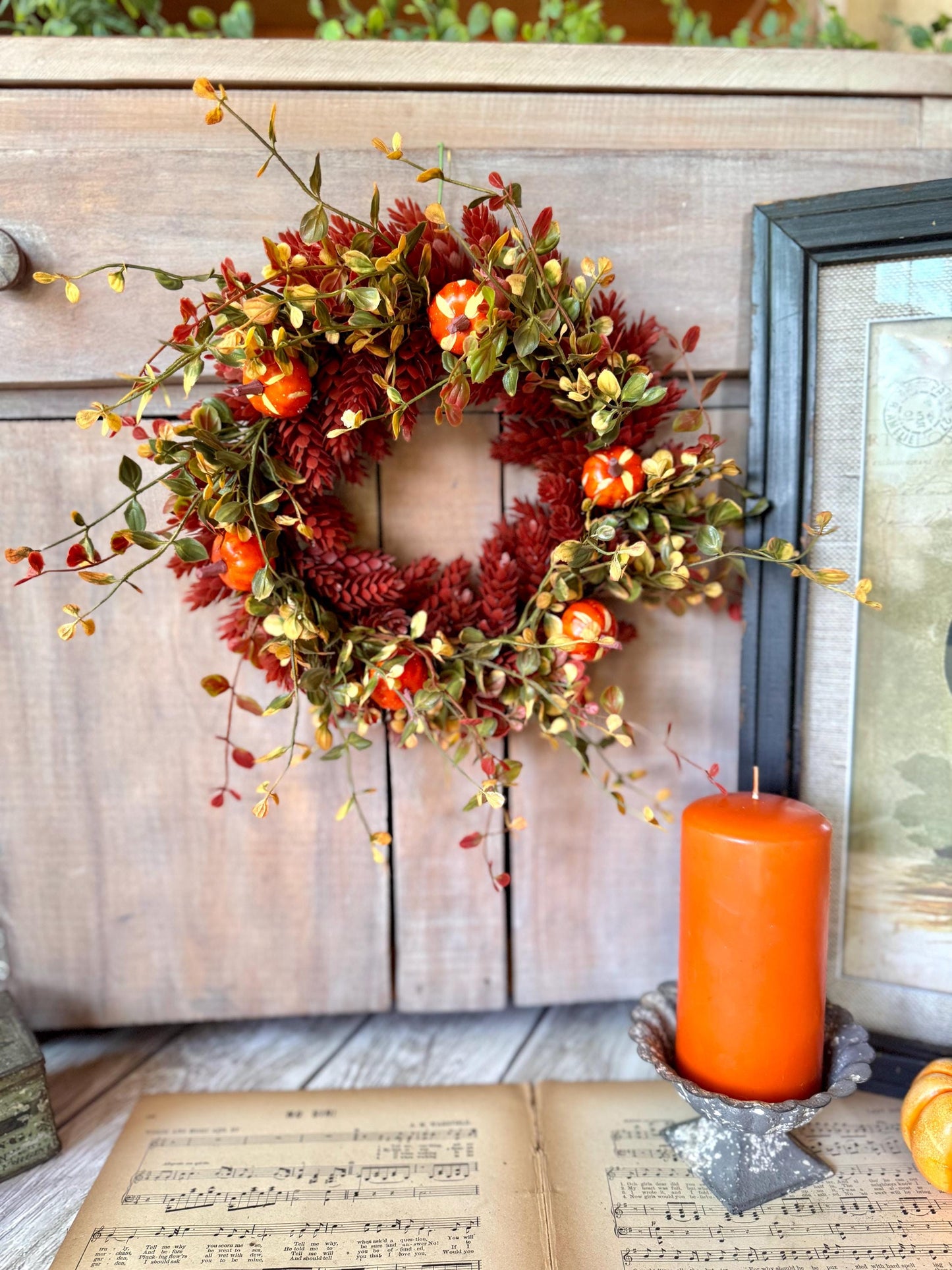 Fall Hops Candle Wreath, Mini Pumpkin Wreath, Farmhouse Accent, Harvest Decor, Candle Ring, Thanksgiving Table