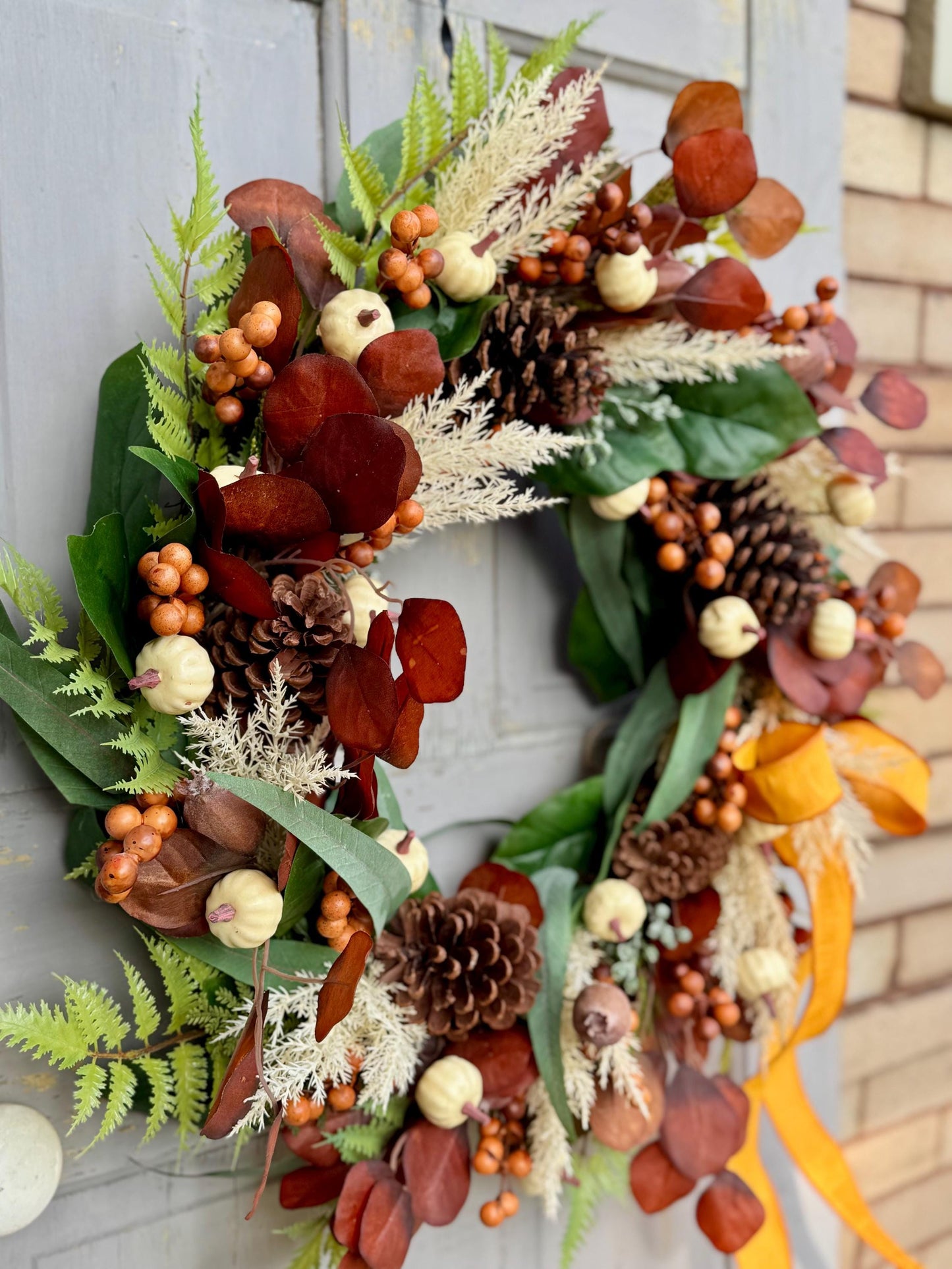 NEW 2025! 24” Fall Pumpkin Door Wreath, White Pumpkin Decor, Fall Wreath for Front Door, Thanksgiving Harvest Decor, Beige Boho Fall Wreath
