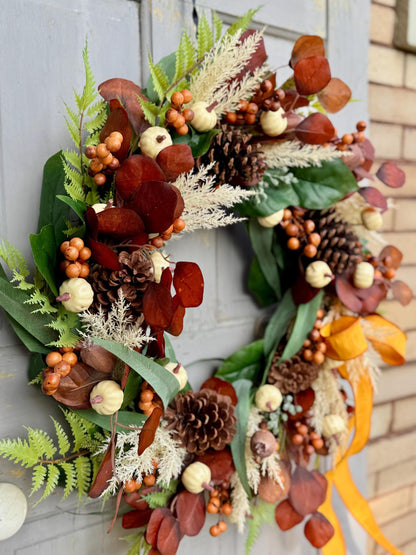 NEW 2025! 24” Fall Pumpkin Door Wreath, White Pumpkin Decor, Fall Wreath for Front Door, Thanksgiving Harvest Decor, Beige Boho Fall Wreath