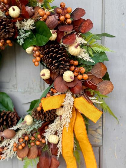 NEW 2025! 24” Fall Pumpkin Door Wreath, White Pumpkin Decor, Fall Wreath for Front Door, Thanksgiving Harvest Decor, Beige Boho Fall Wreath