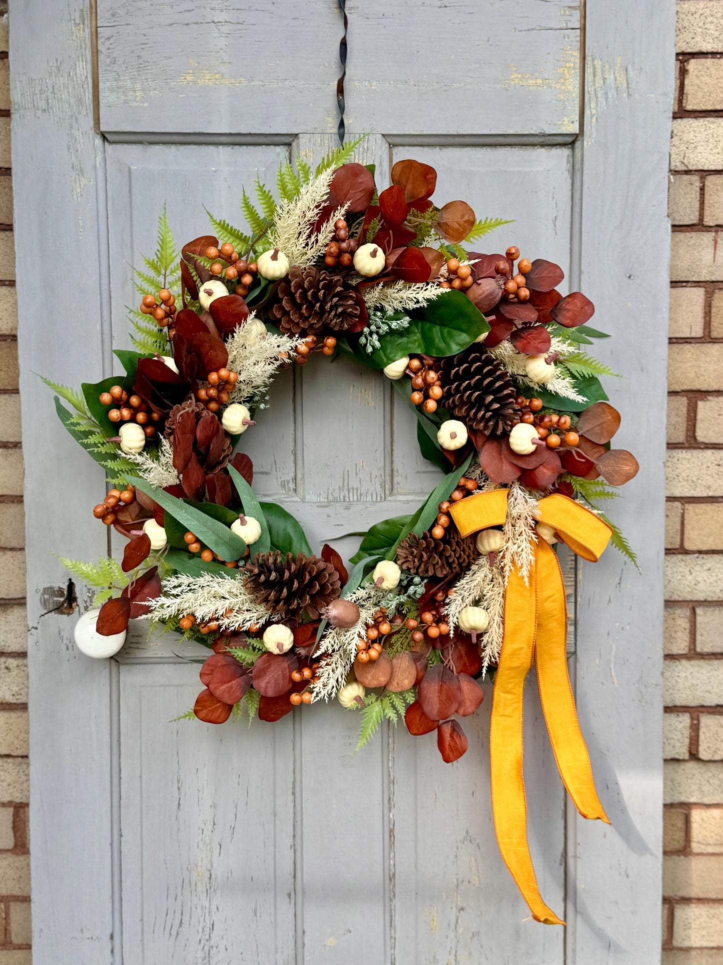 NEW 2025! 24” Fall Pumpkin Door Wreath, White Pumpkin Decor, Fall Wreath for Front Door, Thanksgiving Harvest Decor, Beige Boho Fall Wreath