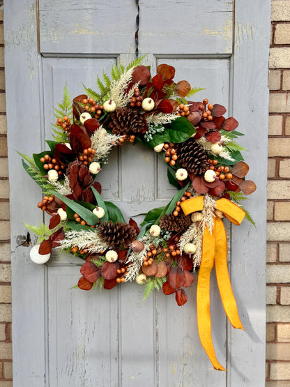 NEW 2025! 24” Fall Pumpkin Door Wreath, White Pumpkin Decor, Fall Wreath for Front Door, Thanksgiving Harvest Decor, Beige Boho Fall Wreath