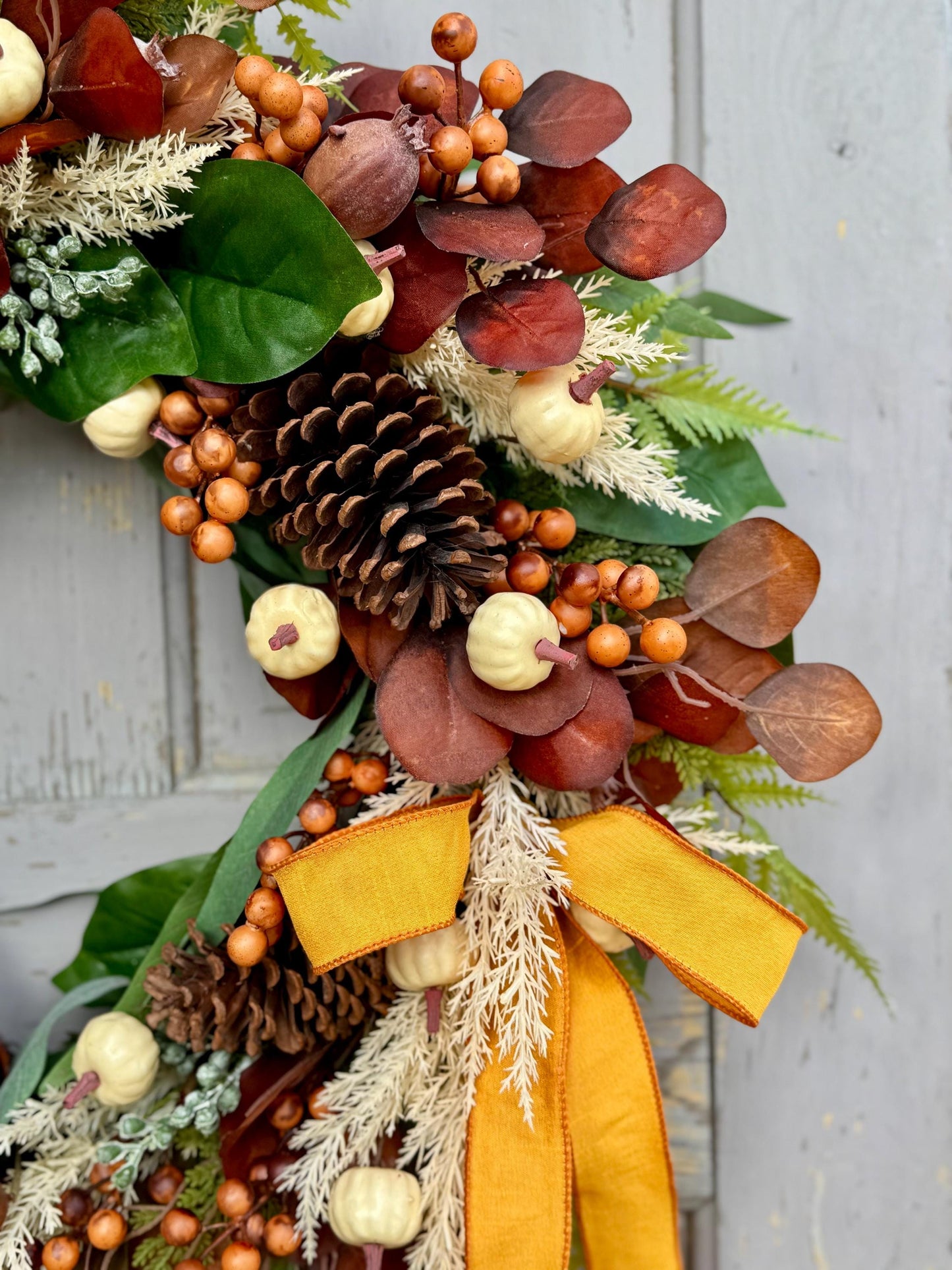 NEW 2025! 24” Fall Pumpkin Door Wreath, White Pumpkin Decor, Fall Wreath for Front Door, Thanksgiving Harvest Decor, Beige Boho Fall Wreath