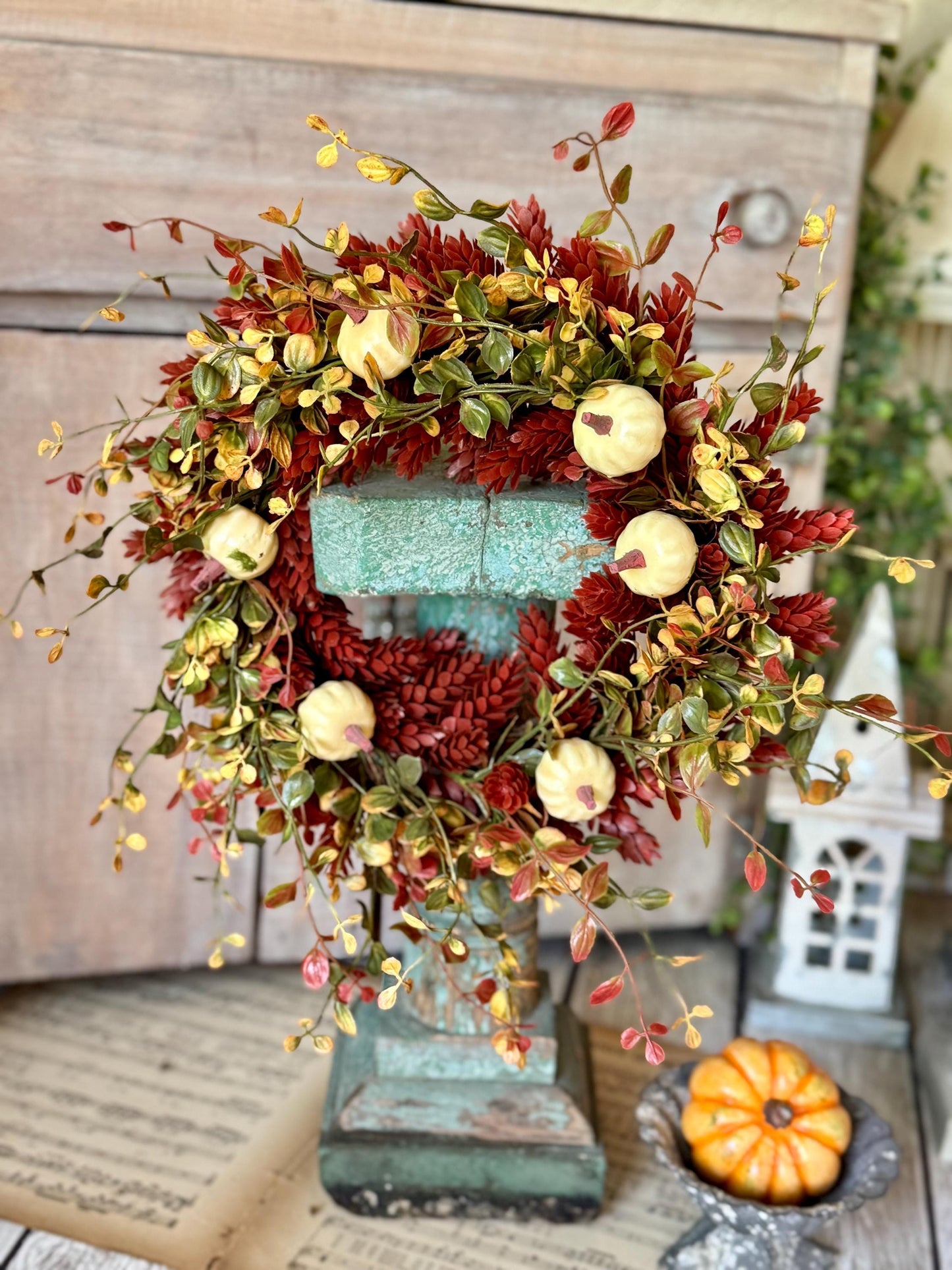 Fall Hops Candle Wreath, Mini Pumpkin Wreath, Farmhouse Accent, Harvest Decor, Candle Ring, Thanksgiving Table