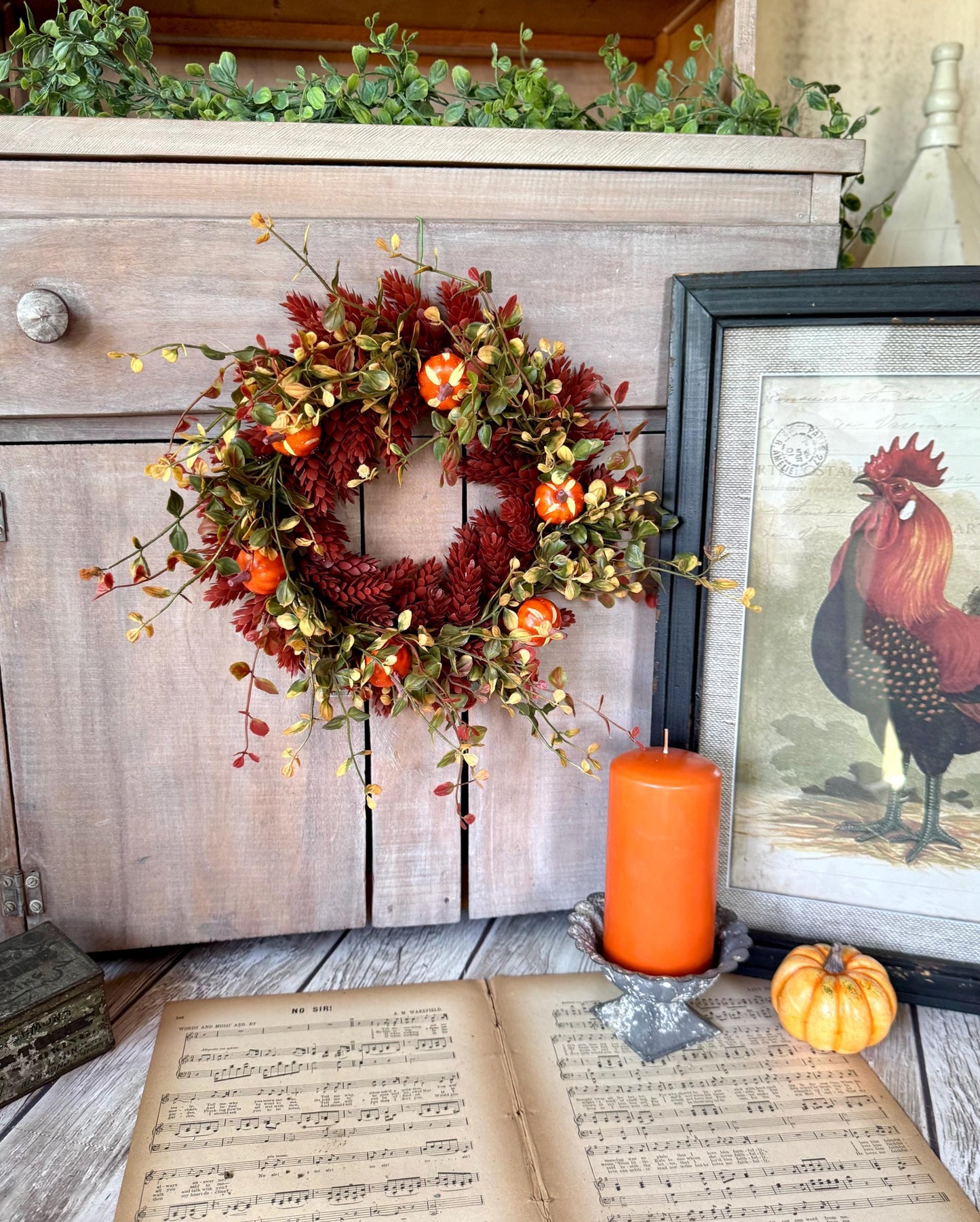 Fall Hops Candle Wreath, Mini Pumpkin Wreath, Farmhouse Accent, Harvest Decor, Candle Ring, Thanksgiving Table