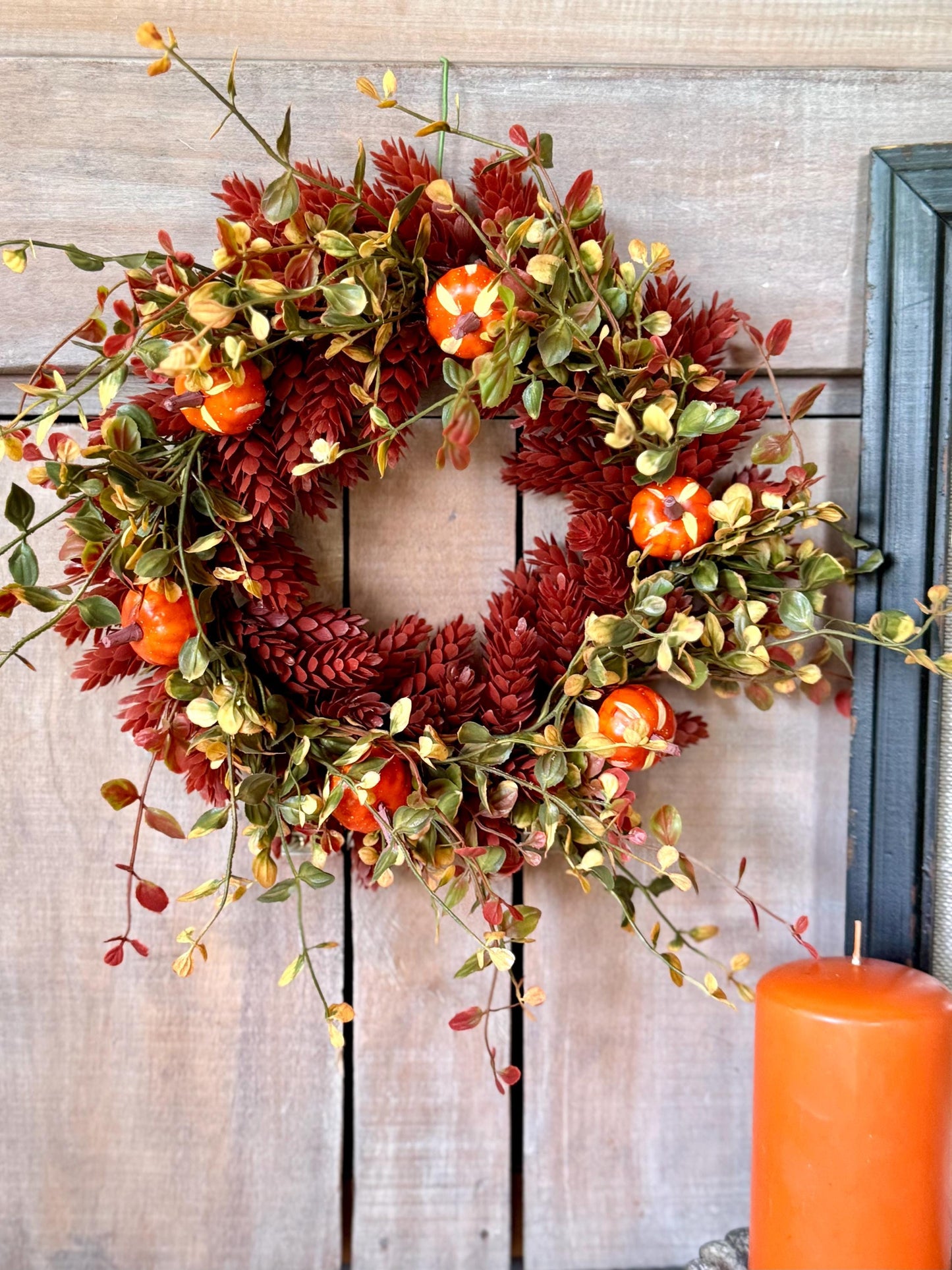 Fall Hops Candle Wreath, Mini Pumpkin Wreath, Farmhouse Accent, Harvest Decor, Candle Ring, Thanksgiving Table