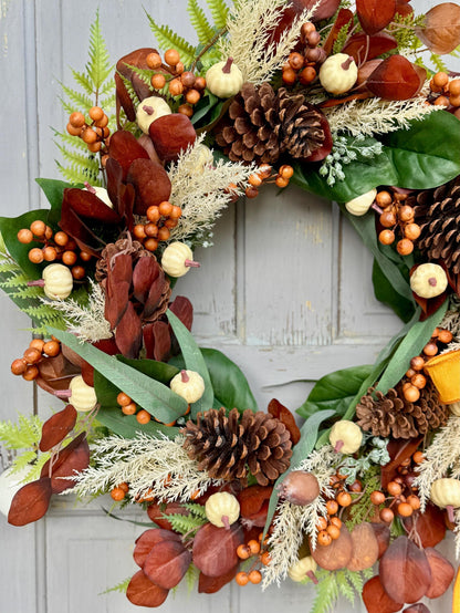 NEW 2025! 24” Fall Pumpkin Door Wreath, White Pumpkin Decor, Fall Wreath for Front Door, Thanksgiving Harvest Decor, Beige Boho Fall Wreath