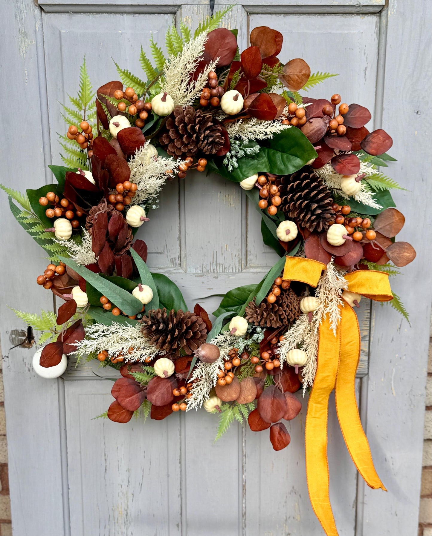 NEW 2025! 24” Fall Pumpkin Door Wreath, White Pumpkin Decor, Fall Wreath for Front Door, Thanksgiving Harvest Decor, Beige Boho Fall Wreath