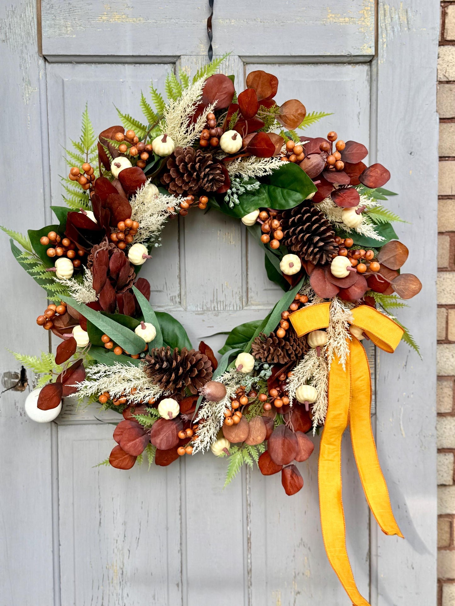 NEW 2025! 24” Fall Pumpkin Door Wreath, White Pumpkin Decor, Fall Wreath for Front Door, Thanksgiving Harvest Decor, Beige Boho Fall Wreath