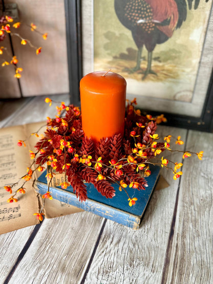 Fall Bittersweet Candle Wreath, Fall Berry Wreath, Autumn Candle Ring, Harvest Decor, Thanksgiving Table Accent, Kitchen Cabinets