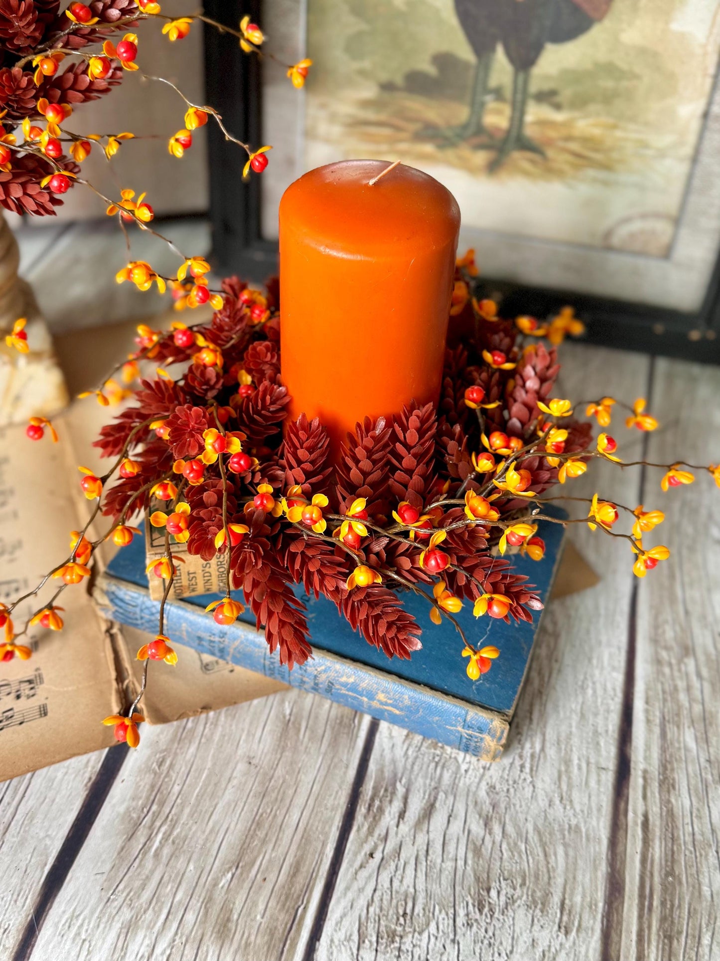 Fall Bittersweet Candle Wreath, Fall Berry Wreath, Autumn Candle Ring, Harvest Decor, Thanksgiving Table Accent, Kitchen Cabinets