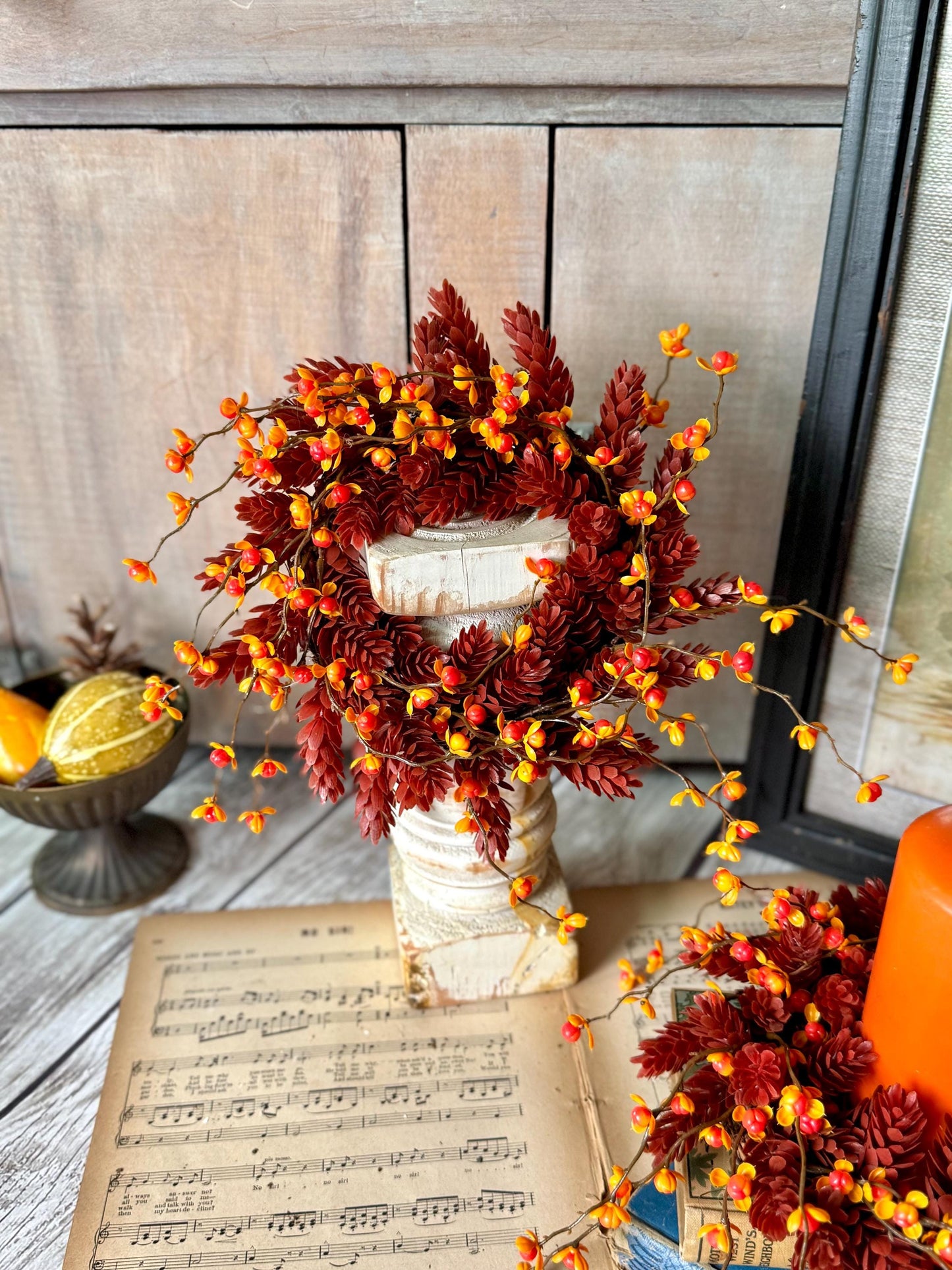 Fall Bittersweet Candle Wreath, Fall Berry Wreath, Autumn Candle Ring, Harvest Decor, Thanksgiving Table Accent, Kitchen Cabinets