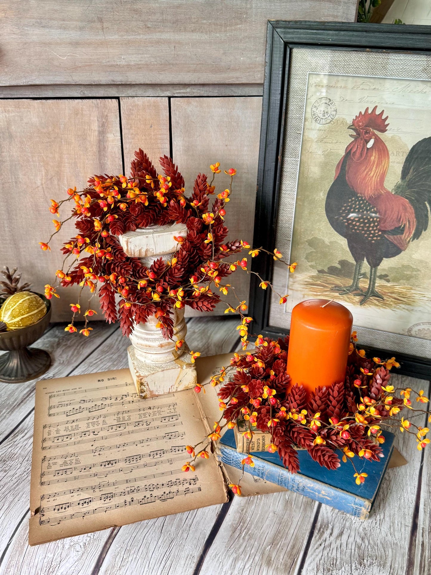 Fall Bittersweet Candle Wreath, Fall Berry Wreath, Autumn Candle Ring, Harvest Decor, Thanksgiving Table Accent, Kitchen Cabinets