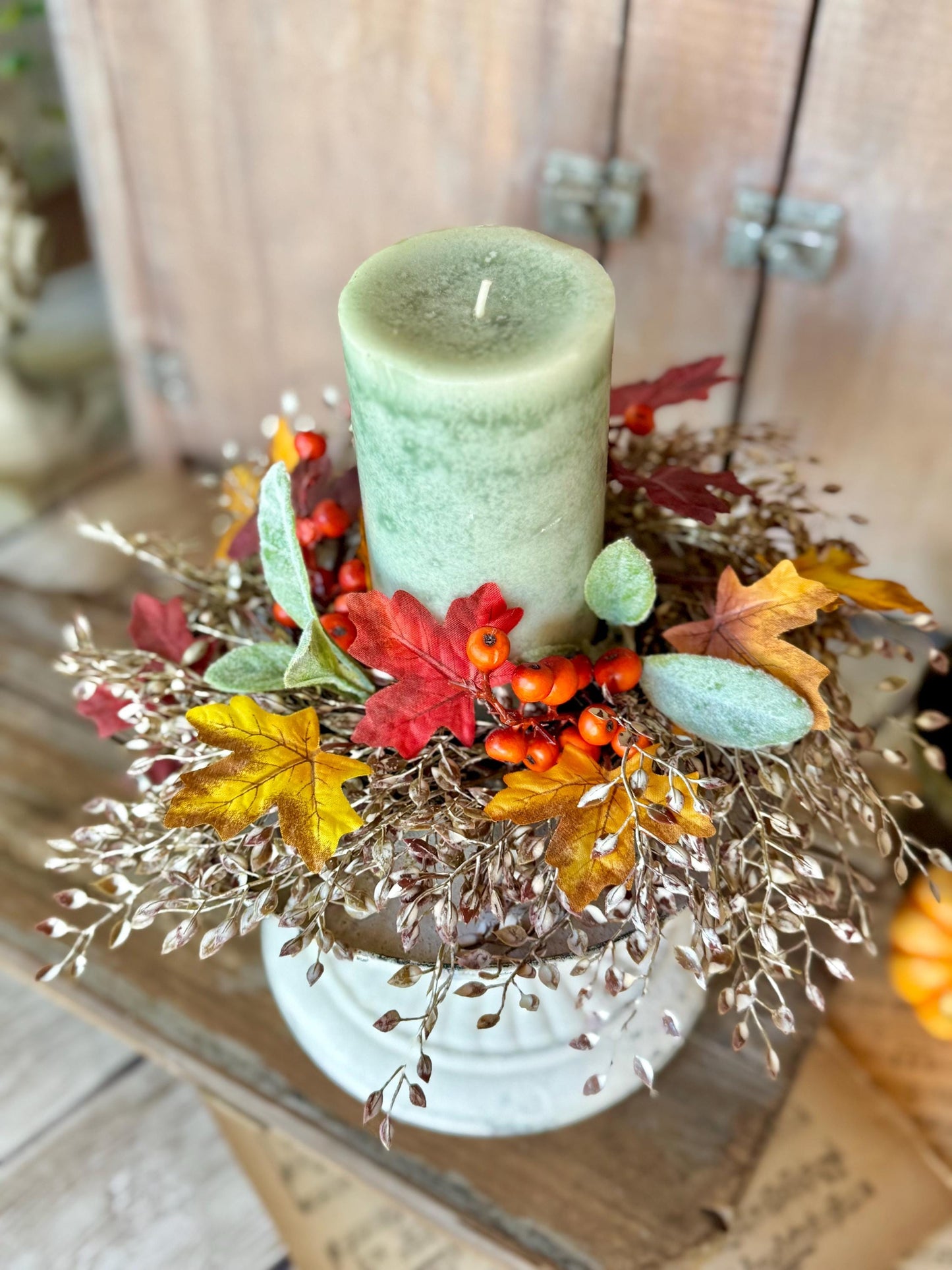Fall Candle Wreath, Pumpkin Candle Wreath Decor, Autumn Pumpkin Wreath, Thanksgiving Table, Fall Greenery Wreath