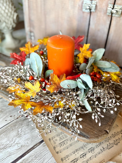 Fall Candle Wreath, Pumpkin Candle Wreath Decor, Autumn Pumpkin Wreath, Thanksgiving Table, Fall Greenery Wreath