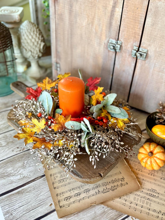 Fall Candle Wreath, Pumpkin Candle Wreath Decor, Autumn Pumpkin Wreath, Thanksgiving Table, Fall Greenery Wreath